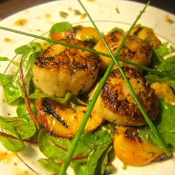 Warm Scallop Salad with Grilled Peaches and Baby Chard