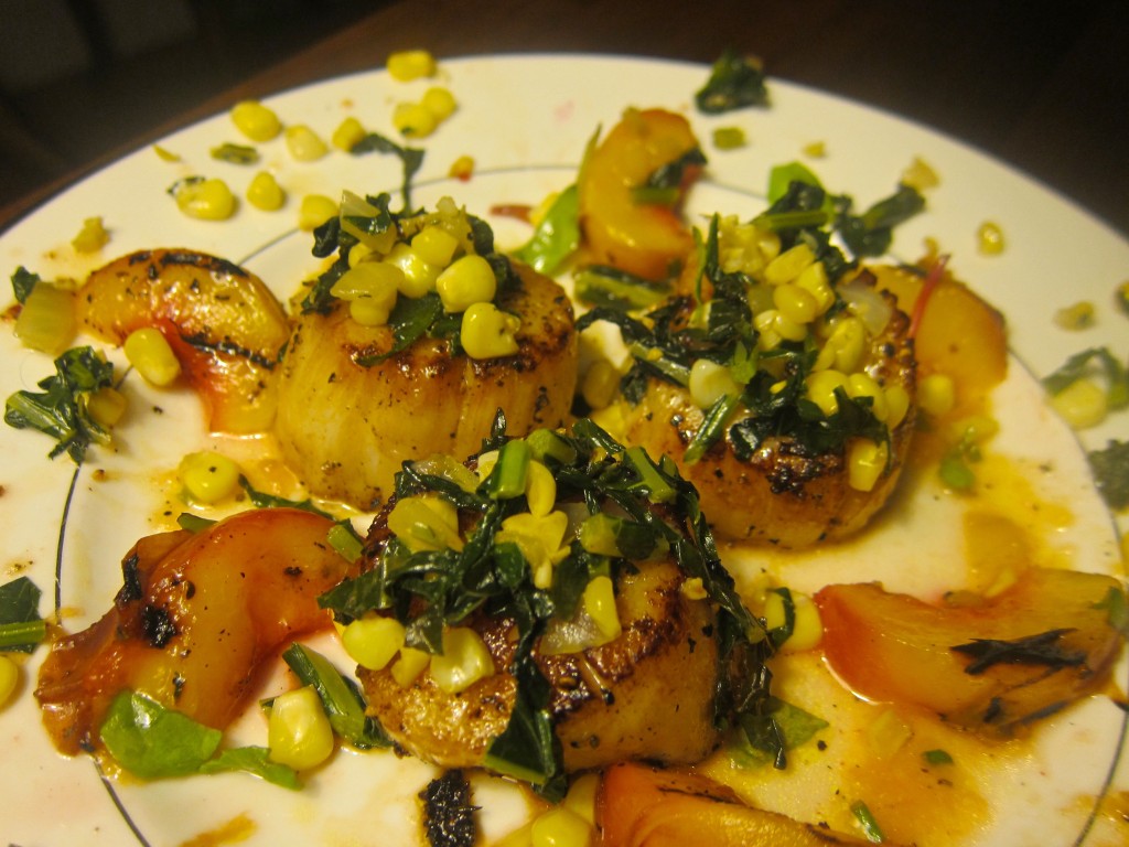 Seared Scallops with Grilled Peaches, Corn, and Kale