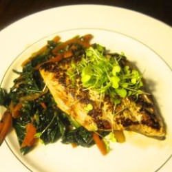 Seared Striped Sea Bass with Miso-Soy Marinade and Braised Winter Greens