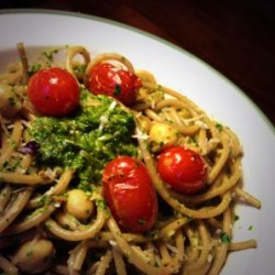 End-of-the-Week Pasta with Parsley-Pistachio Pesto, Garbanzos, and Blistered Cherry Tomatoes