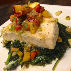 Southwestern Swordfish with Peach Salsa and Spicy Kale and Corn Sauté